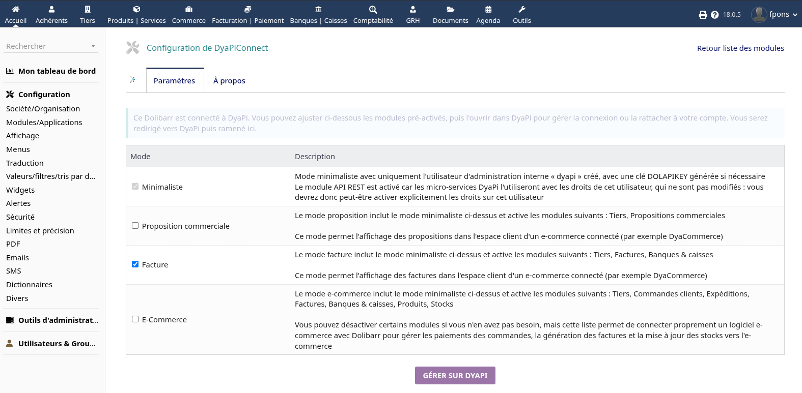 La page de configuration du module DyaPiConnect dans Dolibarr, avec le choix des modules pré-activés et le bouton Gérer sur DyaPi