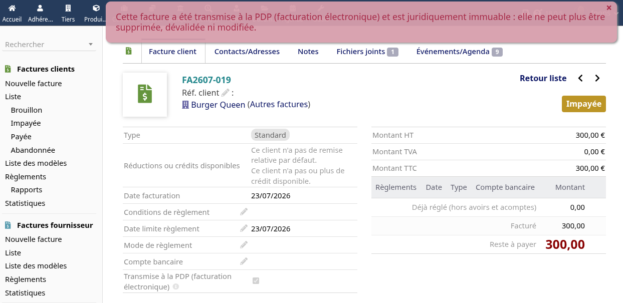 Le message de Dolibarr refusant la suppression : cette facture a été transmise à la PDP et est juridiquement immuable