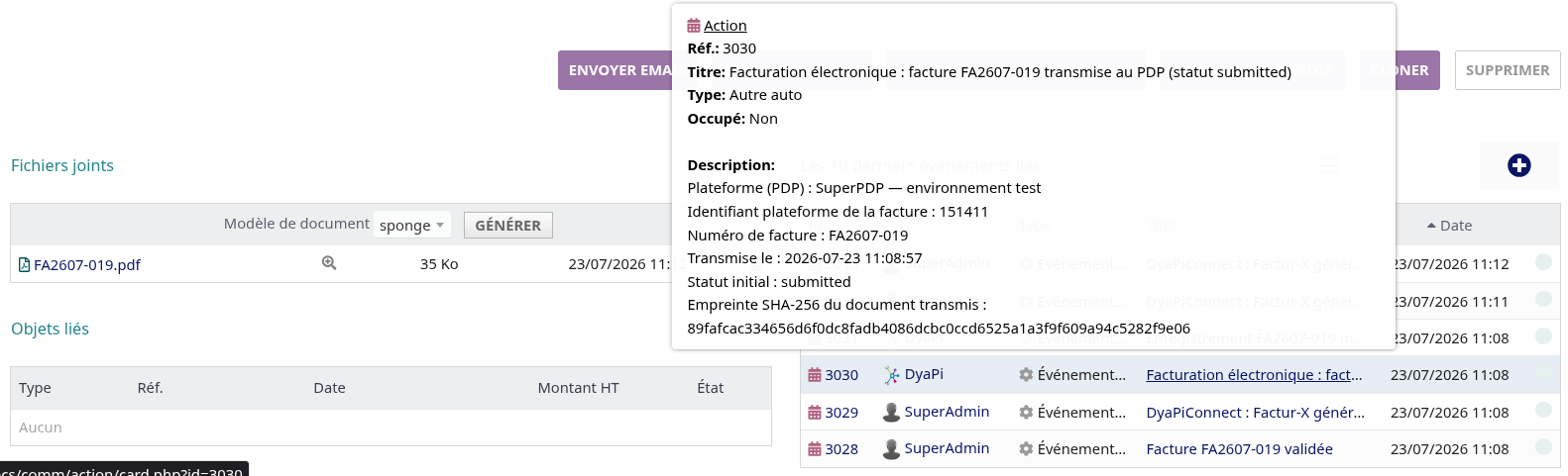 La fiche d'une facture Dolibarr avec l'événement de transmission à la plateforme agréée : statut, identifiant plateforme et empreinte SHA-256 du document
