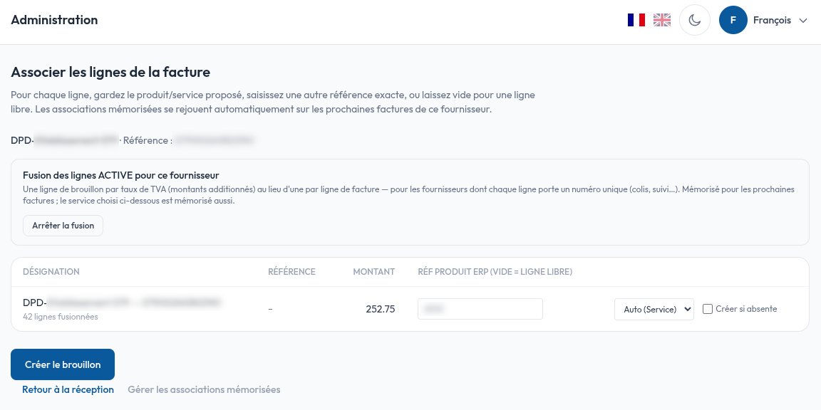 L'option fusionner les lignes de DyaPi : une facture de transport de plusieurs dizaines de numéros de colis regroupée en une seule ligne comptable