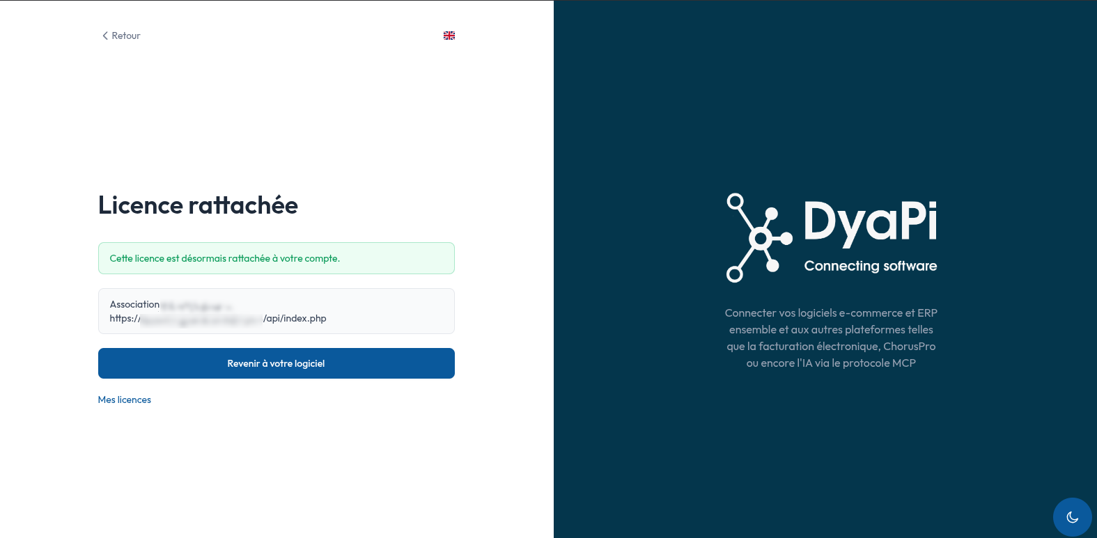 La page DyaPi confirmant que la licence est rattachée au compte, avec le bouton Revenir à votre logiciel