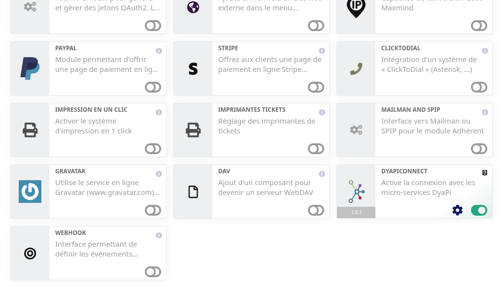 La liste des modules de Dolibarr avec le module DyaPiConnect activé